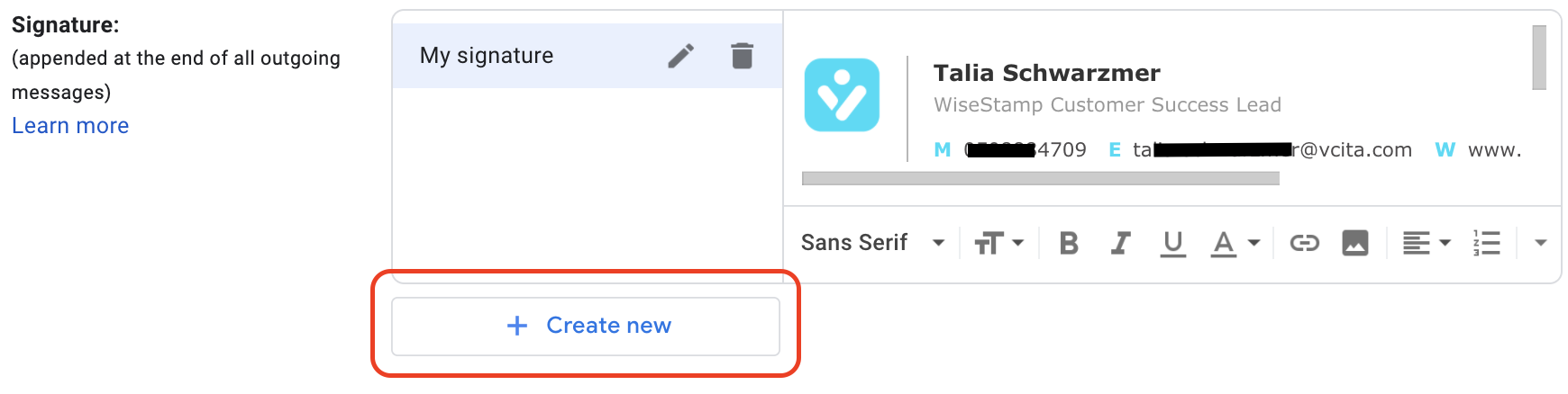 Screenshot of the Gmail signature settings with a square around the Create New option
