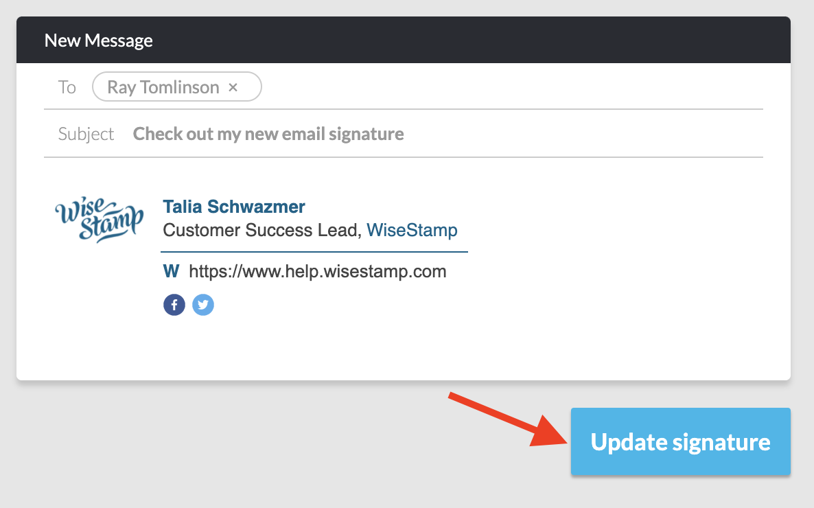 screenshot of the WiseStamp signature preview and a red arrow pointing to the Update Signature button